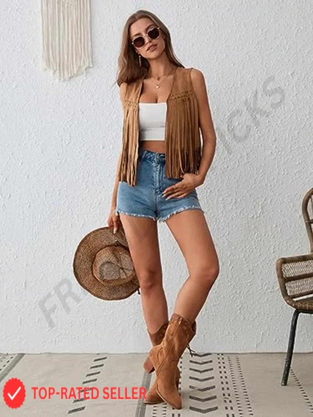Faux Suede Fringe Vest for Women 70s Cowgirl Concert Outfit Tassel Sleeveless